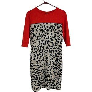 St. John Red & Creme  Leopard Print Jersey Wool blend Midi Dress size 12